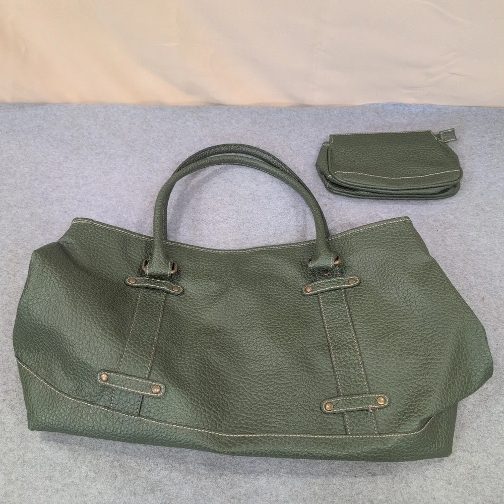 Estee Lauder Olive Green Pebbled Faux Leather Tote Bag with Cosmetic Pouch Set - Picture 1 of 7